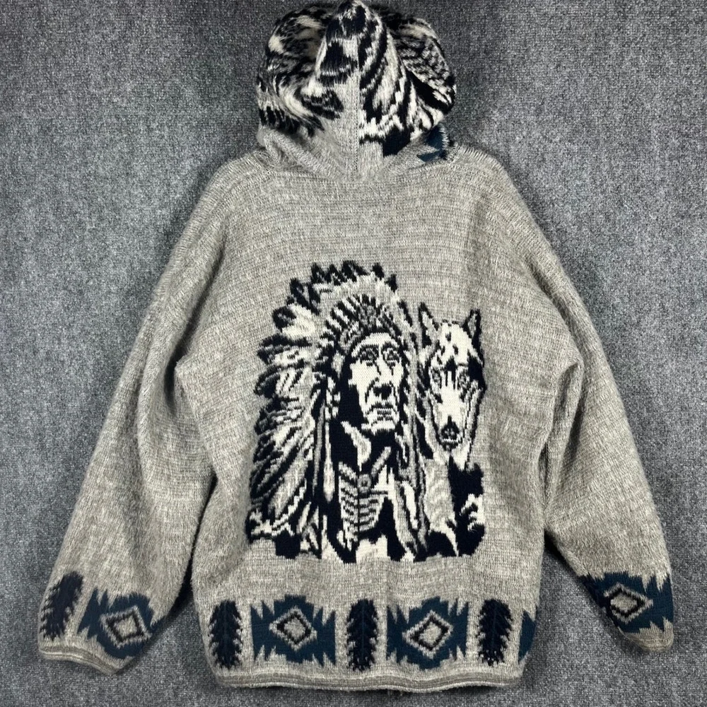 Rumiñahui Wool Zip Hoodie Men XL Grey Native American Chief Wolf Ecuador Sweater